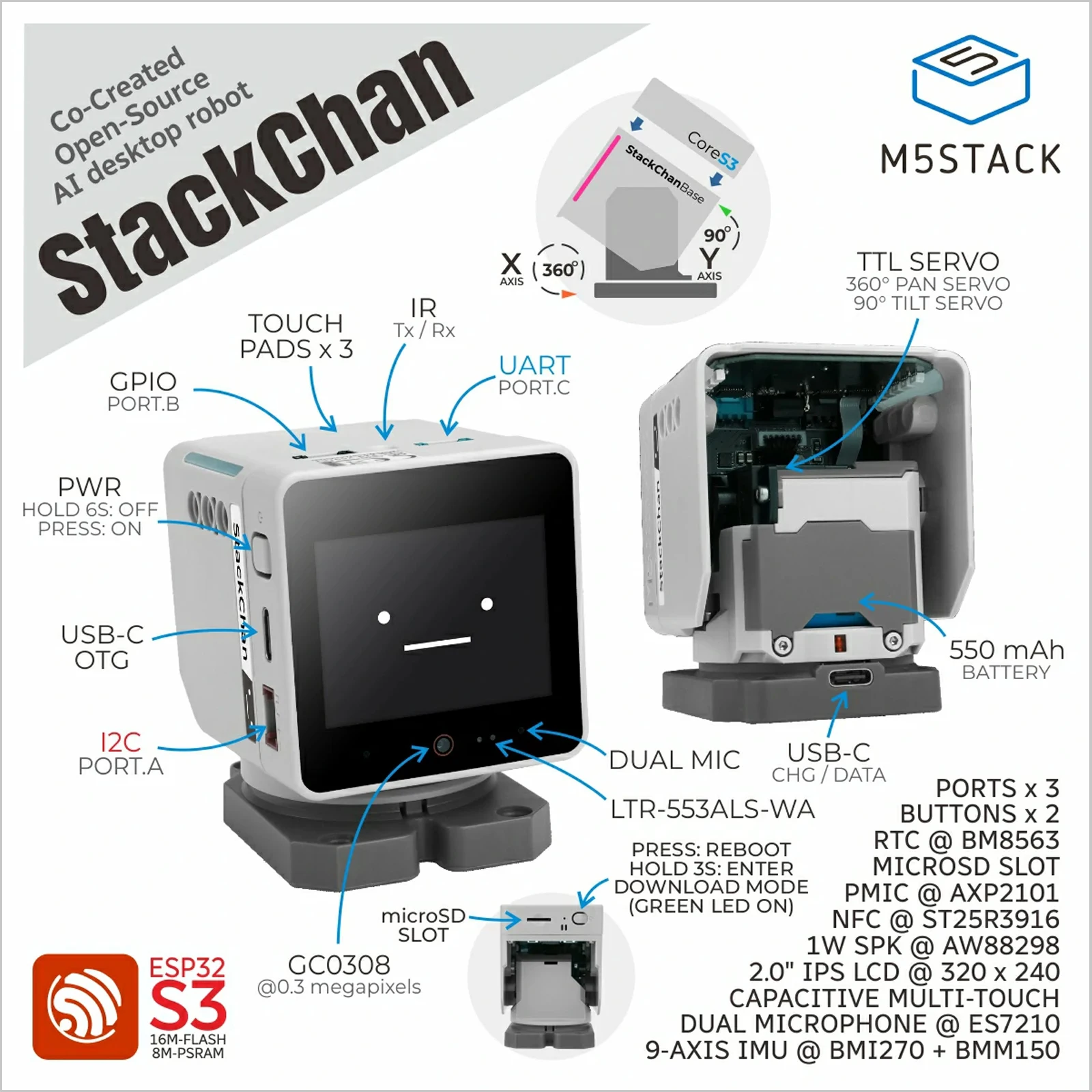M5Stack Official StackChan: روبوت مكتبي ذكي مفتوح المصدر مصمم بالتعاون (ESP32-S3)