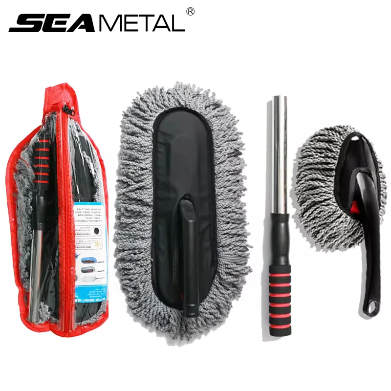 SEAMETAL مكنسة غسيل سيارات من الألياف الدقيقة مقبض قابل للتعديل أداة إزالة الغبار فرشاة تنظيف مجموعة تنظيف غسيل سيارات أداة تفاصيل السيارة مكنسة غسيل ناعمة الشعر