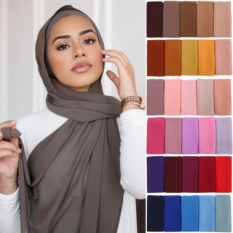 حجابات شيفون للمسلمات، لون واحد، طويلة، لفافات رأس للنساء، شالات، أوشحة، حجابات نسائية للمسلمات.