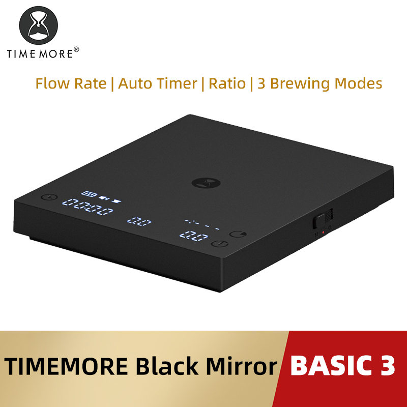 ميزان قهوة TIMEMORE Basic 3 Black Mirror للصب، ميزان إسبريسو، مع مؤشر معدل التدفق، مؤقت تلقائي، نسبة تحضير، 3 أنماط تحضير، سعة 2 كجم
