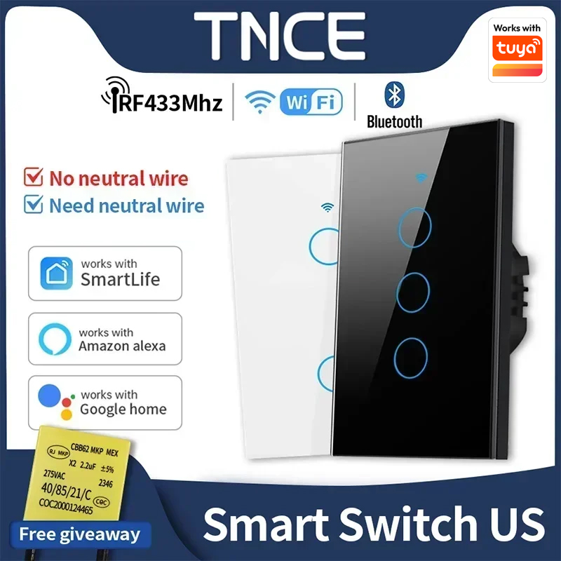 Tuya US WiFi + Bluetooth مفاتيح ذكية لا توجد سلك محايد مطلوب 1/2/3/4 Gang Light WiFi Touch Switch العمل مع Alexa Google Home