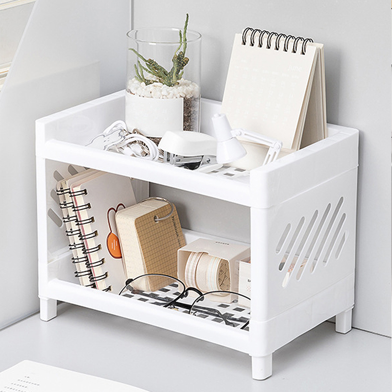 1 قطعة PP سطح المكتب طبقة مزدوجة تخزين الرف مستطيلة بيضاء تنظيم مكتب الطالب مكتب مستحضرات التجميل القرطاسية