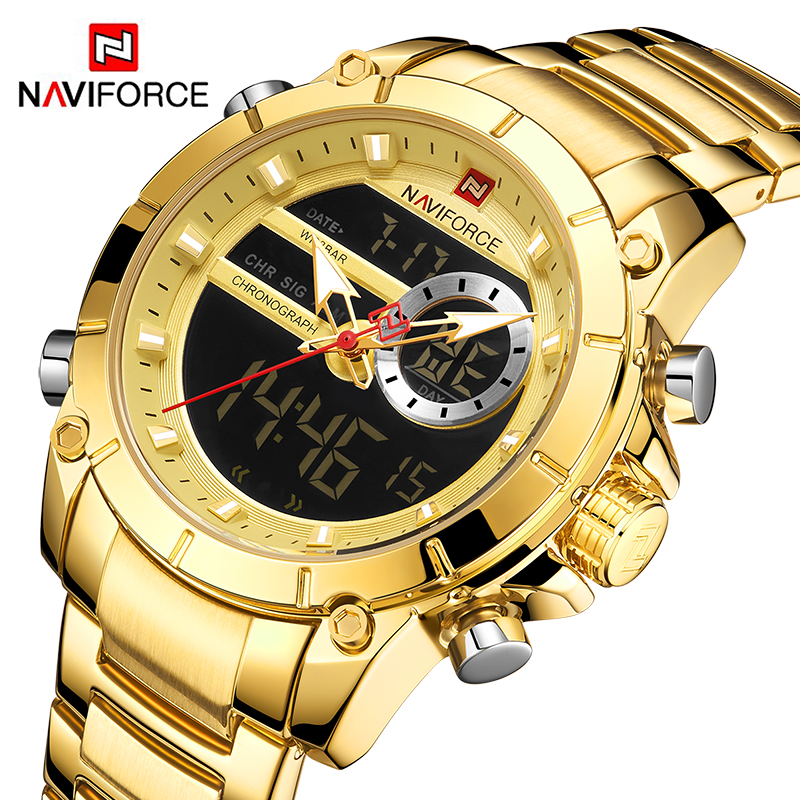 NAVIFORCE 9163 ساعة معصم رياضية أصلية فاخرة للرجال كوارتز فولاذ مقاوم للماء عرض مزدوج ساعات عسكرية Relogio Masculino