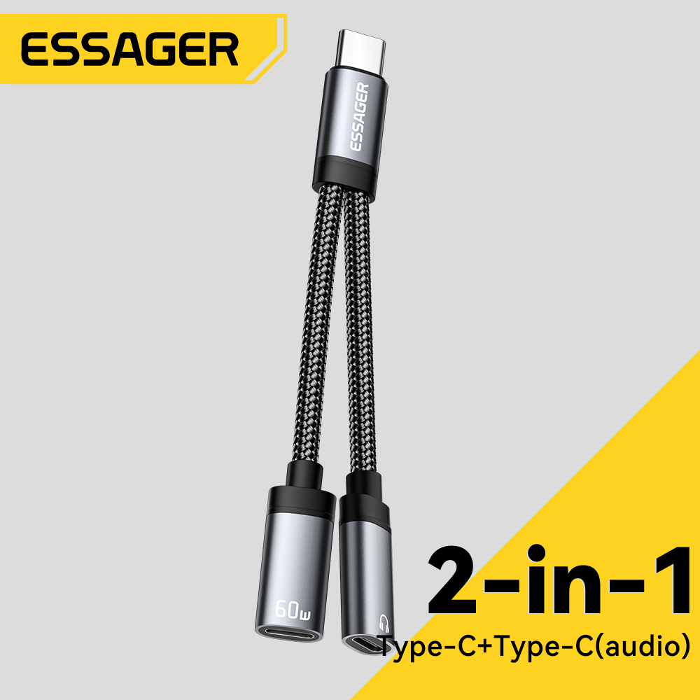 كابل Essager 2 في 1 من النوع C إلى 3.5 مم AUX مع محول سماعات الرأس وشحن سريع PD 60 واط لهواتف آيفون 16 و15 وسامسونج وشاومي 14 و13 والأجهزة اللوحية والكمبيوتر الشخصي