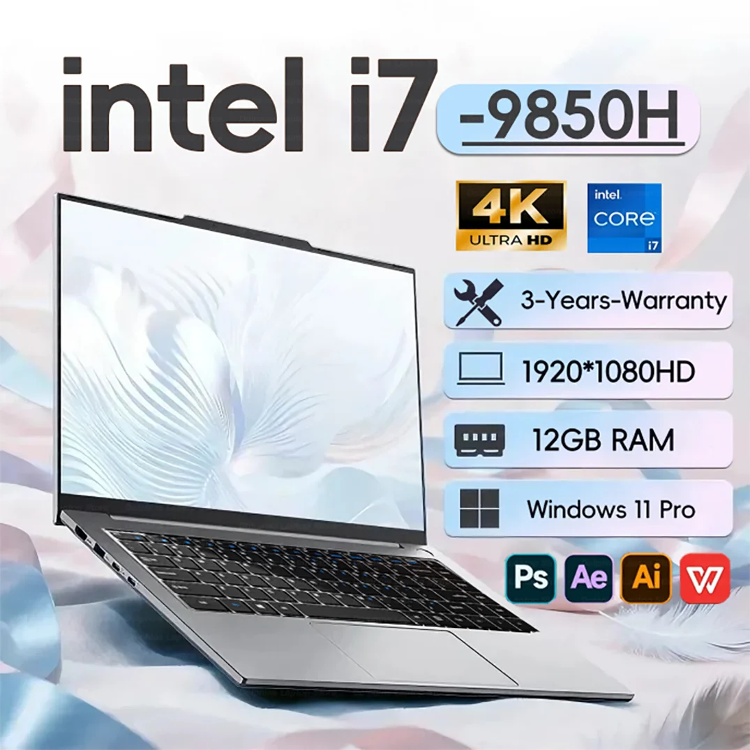 كمبيوتر محمول للمكتب، معالج Intel Core i7-9850H، نظام تشغيل Windows 11 Pro، ذاكرة وصول عشوائي 12 جيجابايت، قرص صلب SSD سعة 1 تيرابايت، شاشة 4K عالية الدقة، كمبيوتر محمول خفيف الوزن للأعمال