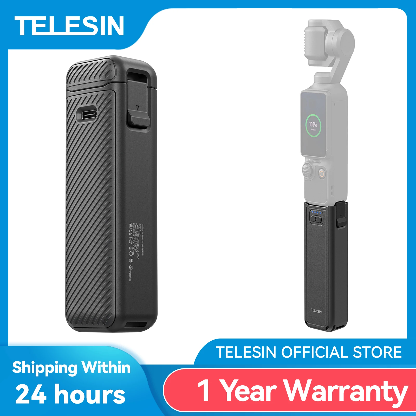 مقبض بطارية TELESIN بسعة 5000 مللي أمبير لـ DJI OSMO Pocket 4 و3، حامل يدوي للكاميرا، بنك طاقة، شحن لاسلكي لـ Pocket 4 و3