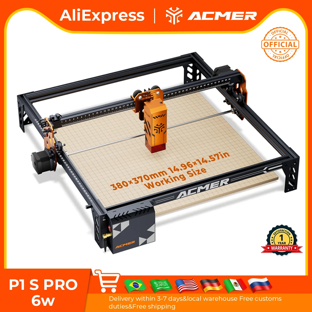 آلة نقش بالليزر ACMER P1 S PRO بقوة 6 واط مع وحدة واي فاي وتحكم عن بعد عبر التطبيق لنقش وقطع الخشب الرقائقي والجلد والأكريليك والزجاج