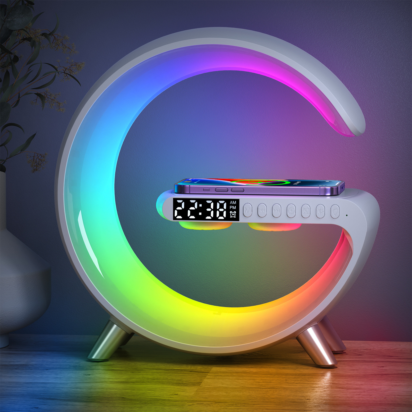 مصباح LED ذكي مع شاحن لاسلكي وسماعة بلوتوث