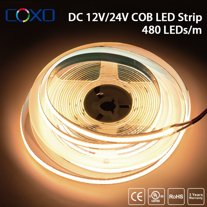شريط إضاءة LED COB مدرج من UL 320 480 LEDs/m 16.4ft شريط مرن عالي الكثافة 3000-6500K RA90 أضواء LED DC12V 24V