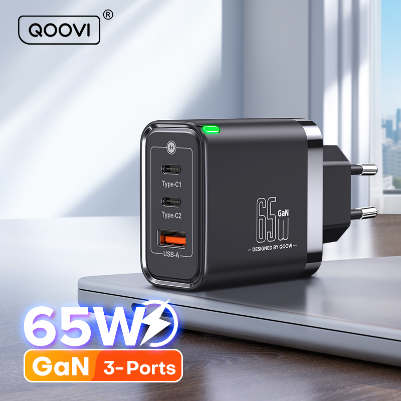 QOOVI 65 واط GaN شاحن USB نوع C شحن سريع شحن سريع 4.0 محول USB-C PD شاحن سامسونج شاومي ماك بوك آيفون باد