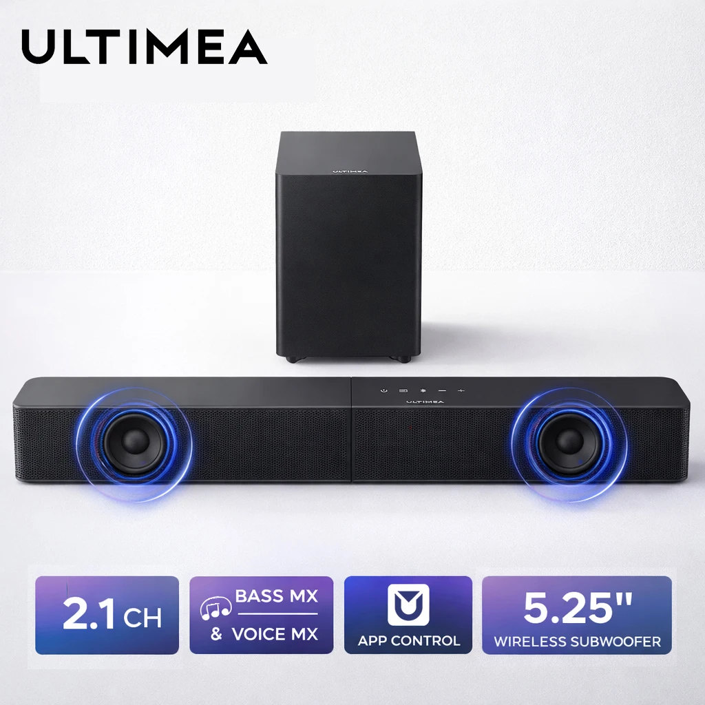 ساوند بار ULTIMEA Poseidon R3T بقوة 240 واط مع مضخم صوت لاسلكي، تقنية BassMX وVoiceMX، تحكم عبر التطبيق، متوافق مع التلفزيونات الذكية، منفذ HDMI