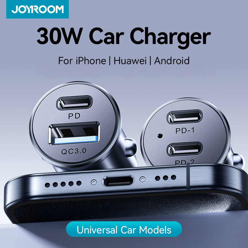 شاحن سيارة صغير من جوي روم بقوة 30 واط، يدعم تقنية PD وQC3.0، منفذ USB من النوع C للشحن السريع، شاحن سيارة بمنفذين، مناسب لهواتف آيفون وسامسونج جالاكسي.
