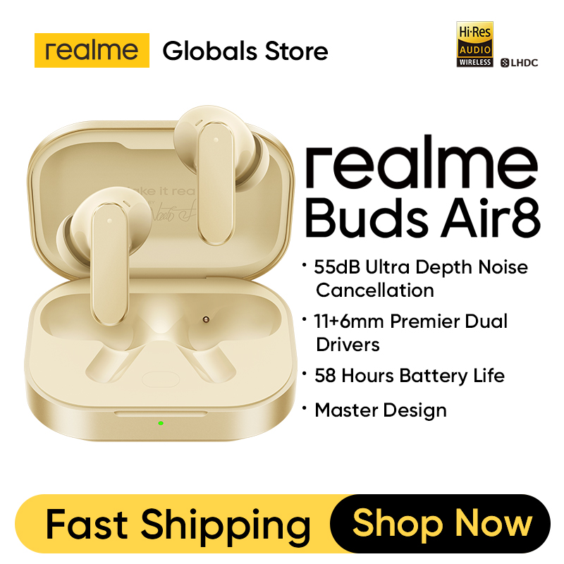 سماعات أذن لاسلكية realme Buds Air8 TWS مع مشغلات مزدوجة 11+6 مم، إلغاء ضوضاء بقوة 55 ديسيبل، تشغيل يصل إلى 58 ساعة، مقاومة للماء IP55، بلوتوث 5.4