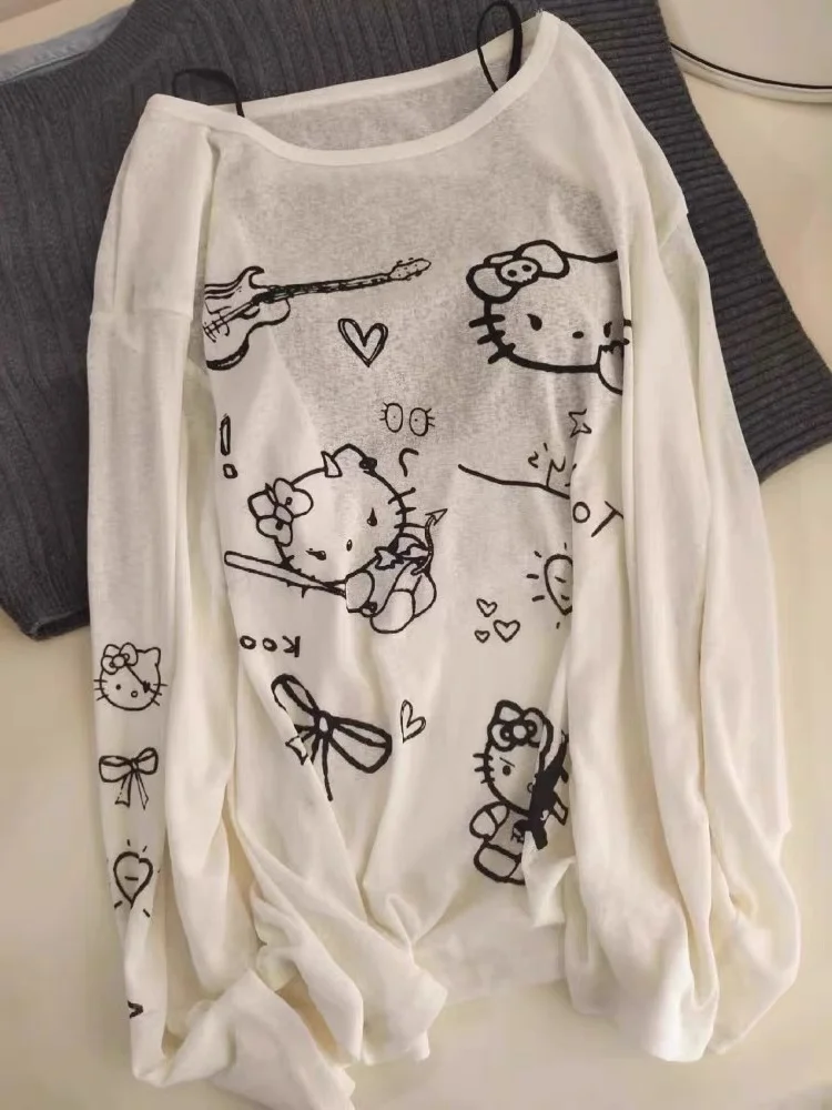 تي شيرت نسائي من Hello Kitty برقبة دائرية وحماية من الأشعة فوق البنفسجية وأكمام طويلة، تي شيرت صيفي فضفاض غير رسمي كبير الحجم