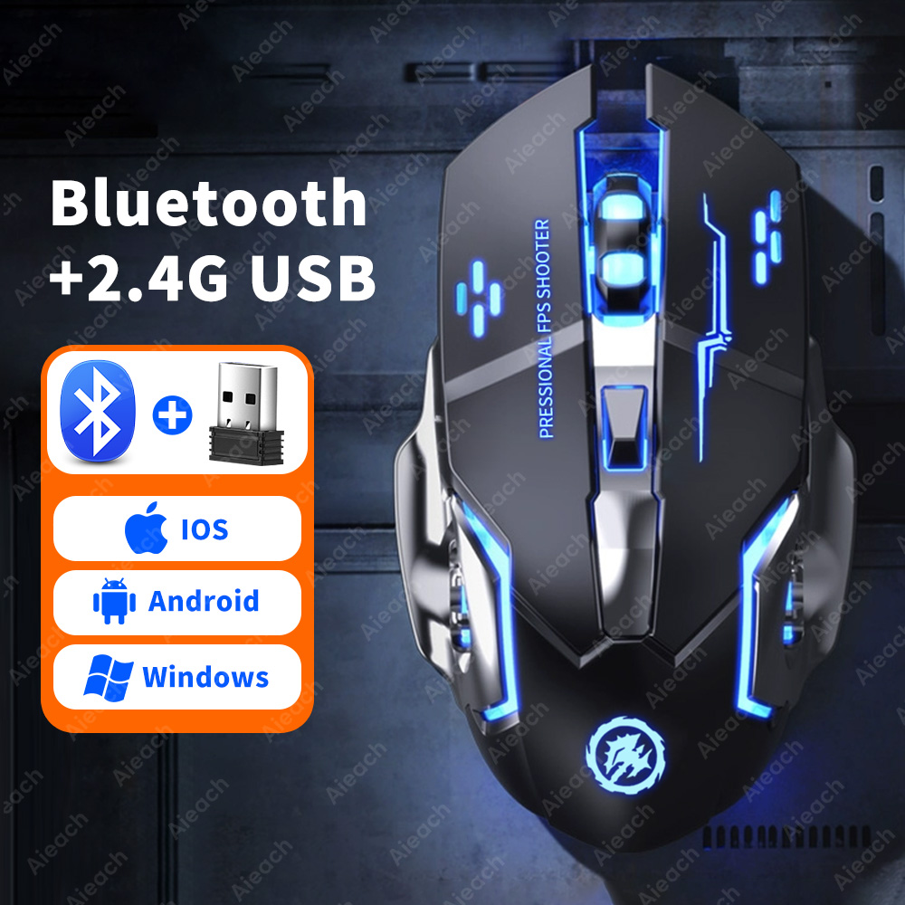 ماوس ألعاب بلوتوث لاسلكي 2.4 جيجا USB قابل لإعادة الشحن تصميم إضاءة خلفية ميكانيكية مريحة لألعاب الكمبيوتر المحمول والكمبيوتر الشخصي