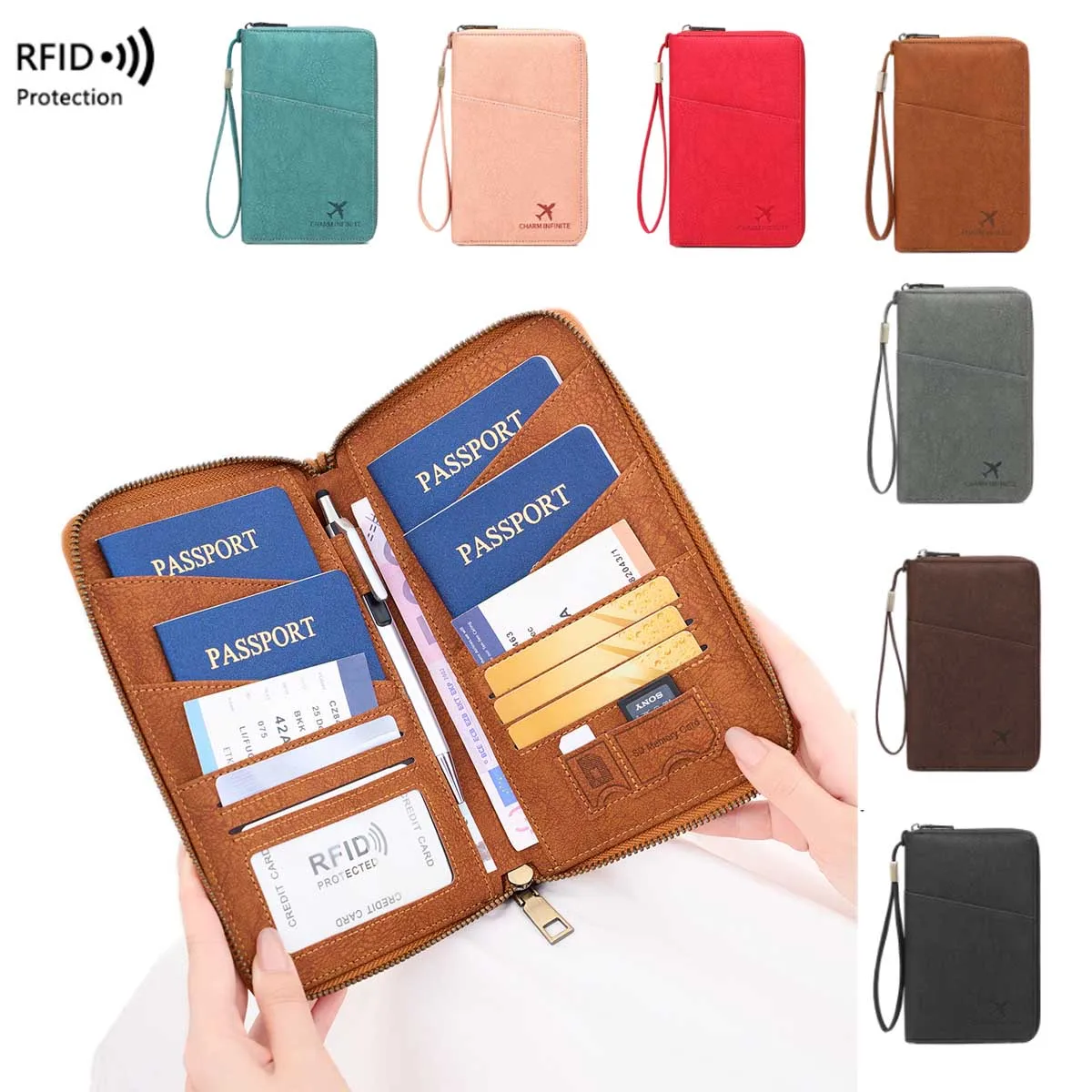 متعددة الوظائف RFID حجب حقيبة جواز السفر حامل مستندات السفر مع سحاب طويل تخزين التذاكر المحفظة لجوازات السفر المتعددة