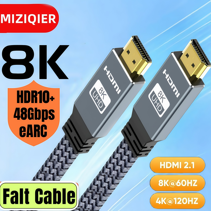 MIZIQIER HDMI 2.1 كابل Falt HDMI Cord 8K60 هرتز 4K120 هرتز 144 هرتز 48 جيجابت في الثانية EARC HDCP Ultra High Speed HDR لجهاز عرض الكمبيوتر المحمول HDTV PS5