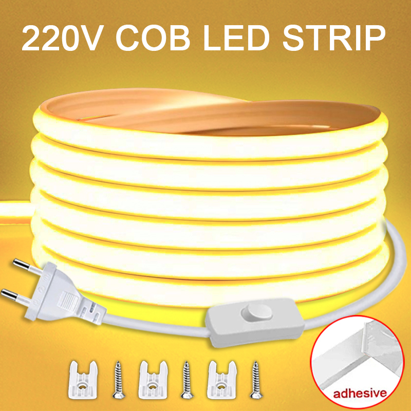 220 فولت Led قطاع مع تشغيل/إيقاف التبديل مقاوم للماء COB LED قطاع 220 فولت شريط مرن لغرفة نوم المطبخ إضاءة الحديقة الخارجية