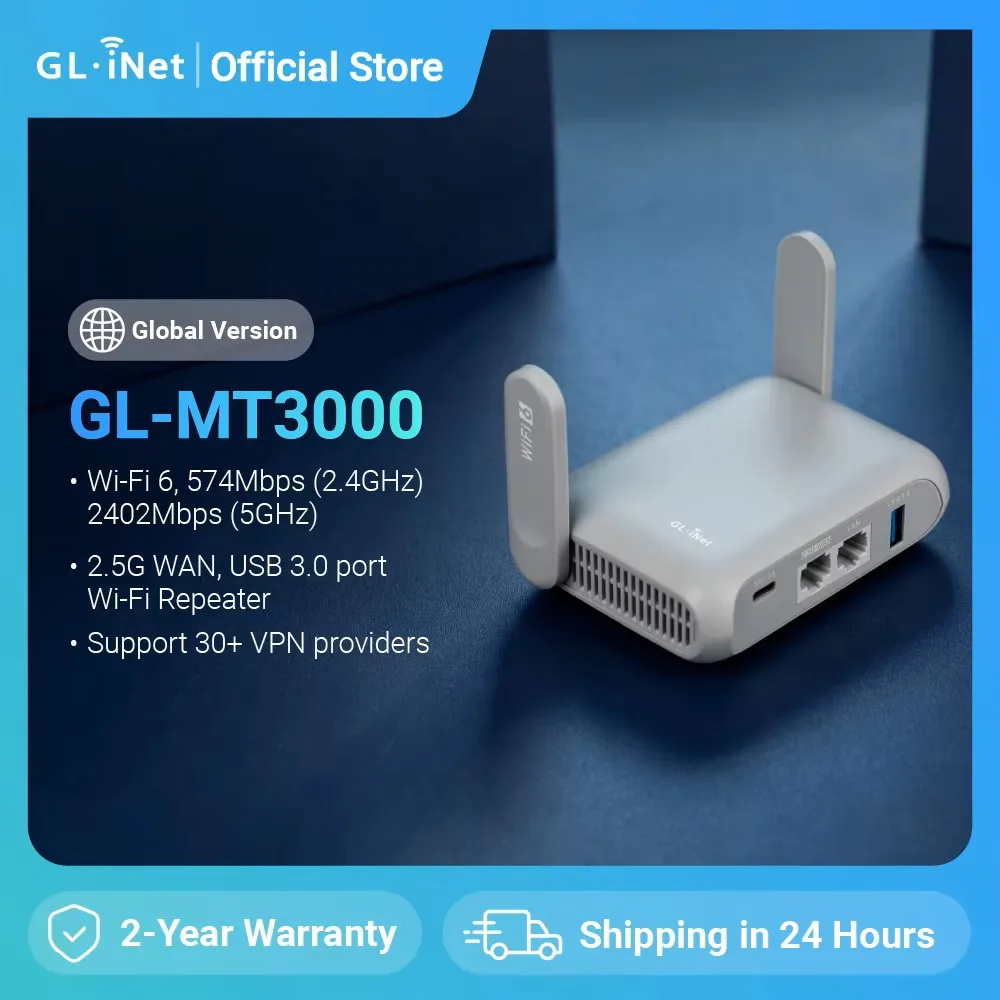 GL.iNet GL-MT3000 (Beryl AX) Wi-Fi 6 راوتر جيجابت للسفر اللاسلكي، توصيل واي فاي العام والفندق، البوابة الأسرية، الأمن السيبراني