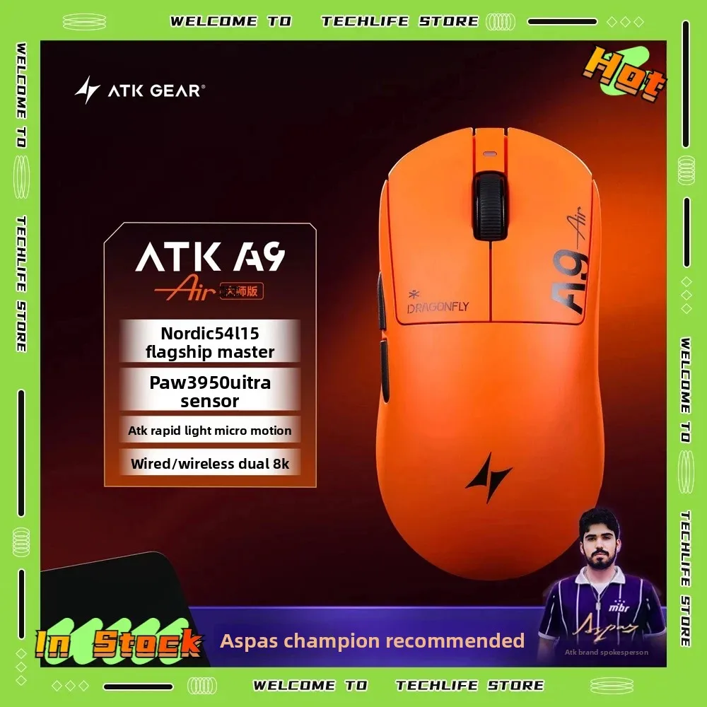 ماوس ألعاب جديد ATK A9 Air Ultimate سماعة لاسلكية تعمل بالبلوتوث خفيف الوزن PAW3950 Ultra Dual 8K Esports Mouse FPS ملحقات الألعاب