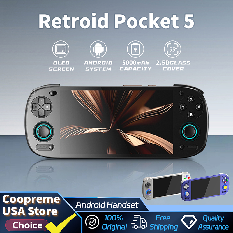 Retroid Pocket 5 وحدة تحكم بجهاز لعب محمول 5.5 بوصة AMOLED شاشة Android13 عصا التحكم RGB تأثير الإضاءة ألعاب الفيديو التبريد النشط