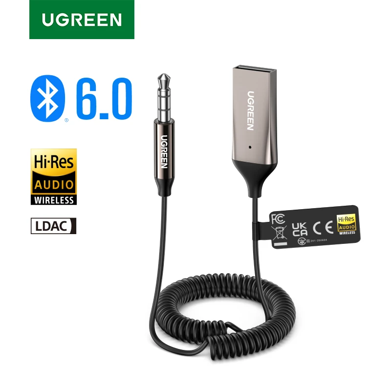 UGREEN بلوتوث 5.3 Aux سيارة لاسلكية بلوتوث USB إلى 3.5 ملم جاك الصوت هيئة التصنيع العسكري يدوي محول لمكبر صوت السيارة