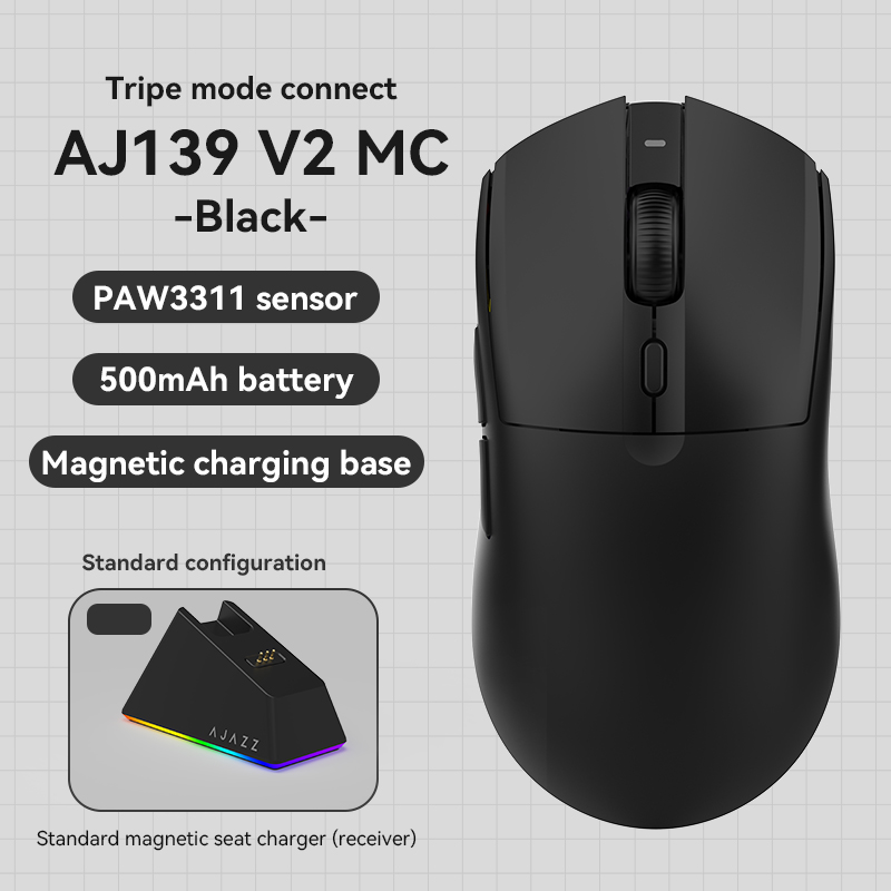 ماوس الألعاب اللاسلكي الجديد AJAZZ AJ139 V2 MC 1000HZ بثلاثة أوضاع، حجم صغير/متوسط، مستشعر PAW3311، تصميم خفيف الوزن، إضاءة RGB كاملة الألوان، قاعدة مغناطيسية، وزن خفيف حوالي 66 جرام.