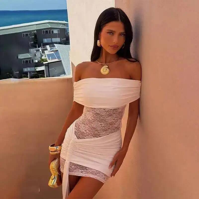 Townlike مطوي سليم Bodycon فستان بلوزات غير مغطية للكتف صغير 2025 فستان صيفي الدانتيل المرقعة ملهى ليلي مثير فساتين الحفلات