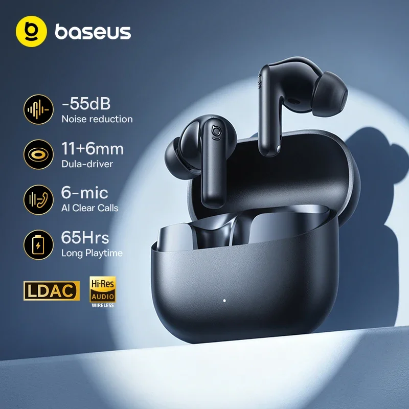سماعات أذن لاسلكية Baseus Bass EP10 Ultra - تقليل الضوضاء بمقدار 55 ديسيبل، وقت تشغيل طويل يصل إلى 65 ساعة، تقنية بلوتوث 6.0، 6 ميكروفونات، مكالمات واضحة بتقنية الذكاء الاصطناعي
