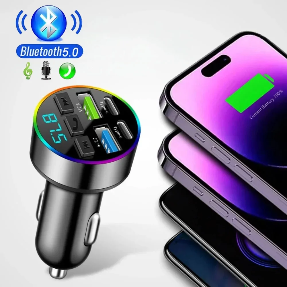 شاشة ديجيتال ولاعة السجائر شاحن سيارة مزدوج USB نوع C متعدد الوظائف بلوتوث FM جهاز ريسيفر استقبال وإرسال مشغل MP3