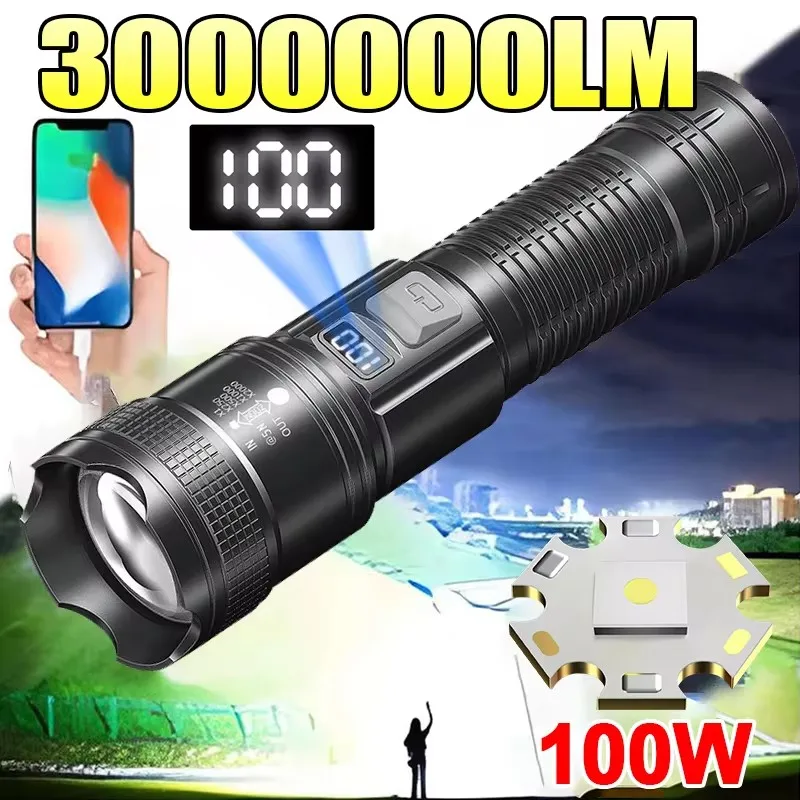 مشاعل LED عالية الطاقة 300000 الشعلة التكتيكية LM مع ضوء عرض USB شحن التخييم الصيد ديفينسا فانوس التكبير