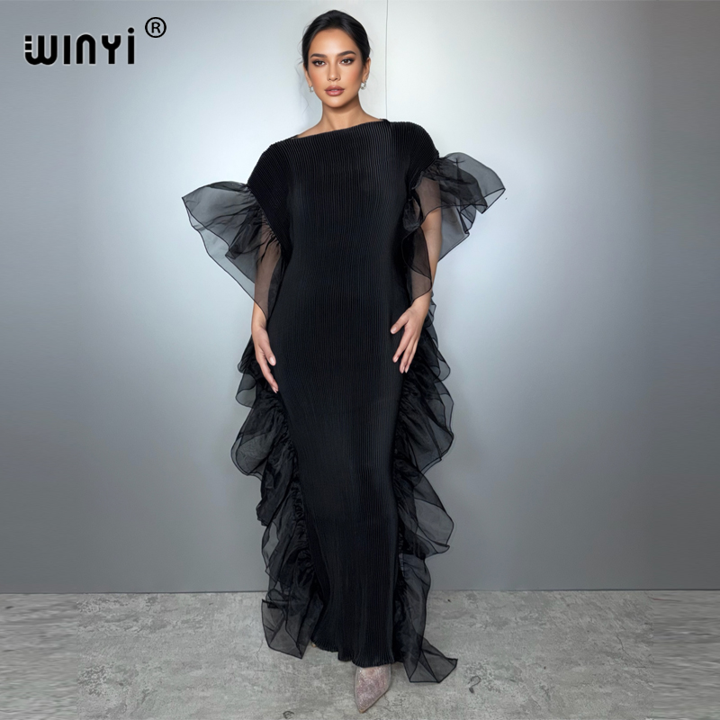 فستان WINYI ذو لون موحد مع طيات مطاطية ضيقة، مناسب للشاطئ، قفطان عباية دبي، فستان فاخر للحفلات، فستان سهرة، عباية للمرأة المسلمة.