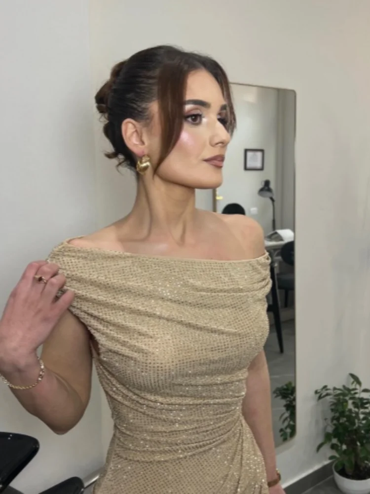 فستان سهرة أنيق بكتف واحد مزين بالترتر، تصميم عصري مثير مكشوف الظهر مع طيات، قصة ضيقة، فستان طويل للسيدات، موديل 2026 الجديد لحفلات المساء