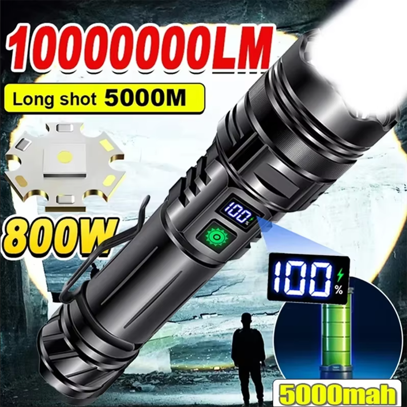 مصباح يدوي GT10 فائق السطوع بقوة 10 ملايين لومن، كشاف محمول عالي القوة وبعيد المدى، مصباح تكتيكي للطوارئ والتخييم في الهواء الطلق