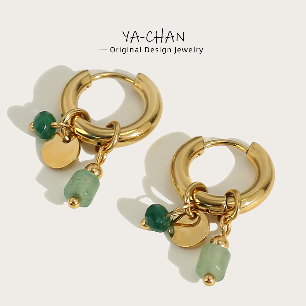 YACHAN 18K مطلية بالذهب الفولاذ المقاوم للصدأ هوب أقراط للنساء Vintage الأخضر الحجر الطبيعي Charms العصرية مقاوم للماء مجوهرات