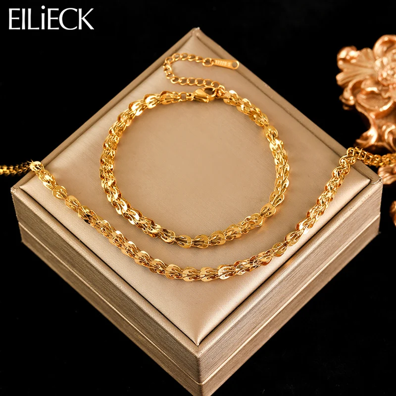 EILIECK 316L الفولاذ المقاوم للصدأ المعادن سلسلة خفيفة القلائد سوار مجموعة للنساء جديد عصري الذهب اللون مجوهرات طوق بيجو هدية