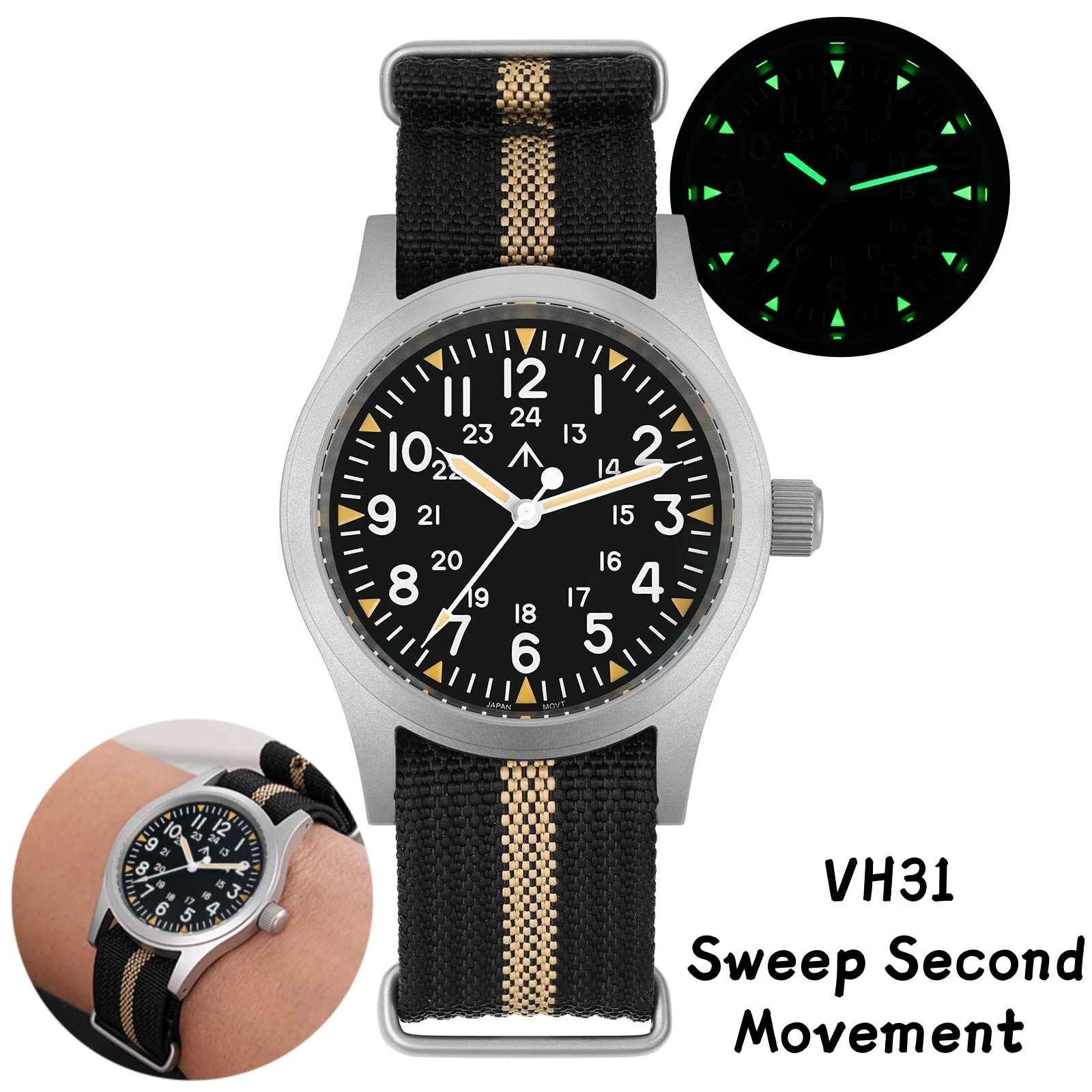 Militado ML05 ساعة كلاسيكية VH31 حركة ثانية مقببة كريستال الياقوت مع طلاء AR عالي واضح مضيئة 38 مللي متر ساعات