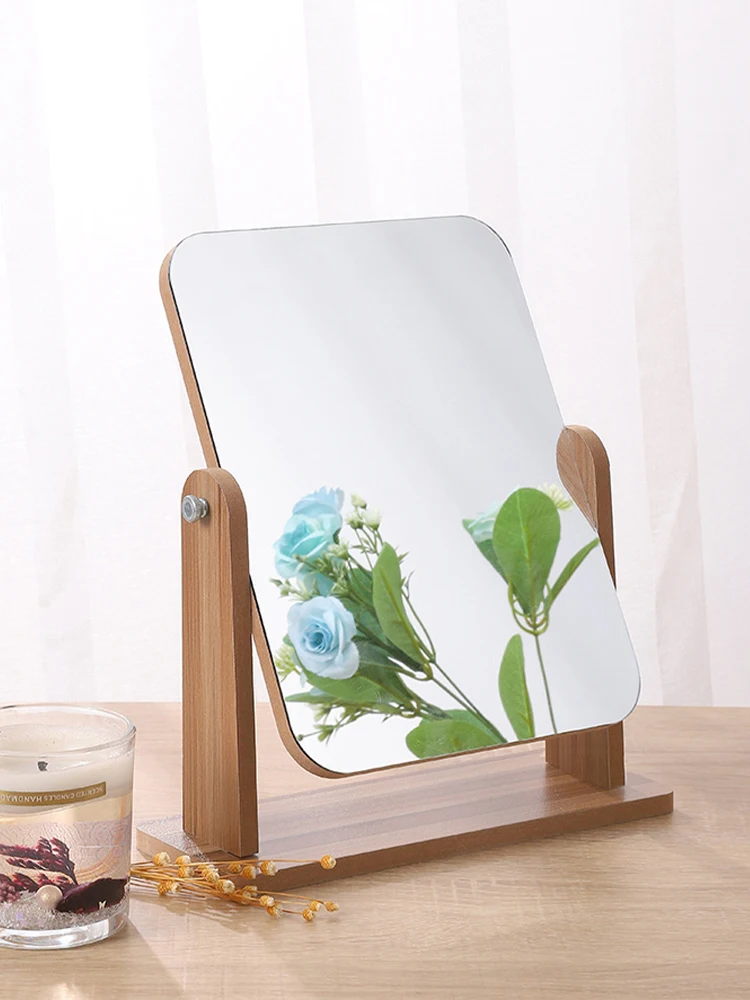 مرآة مكياج من Dresser Vanity مع حامل خشبي، مرآة مستحضرات تجميل مدمجة تدور 360 درجة، هدية حمام مرآة محمولة على سطح الطاولة