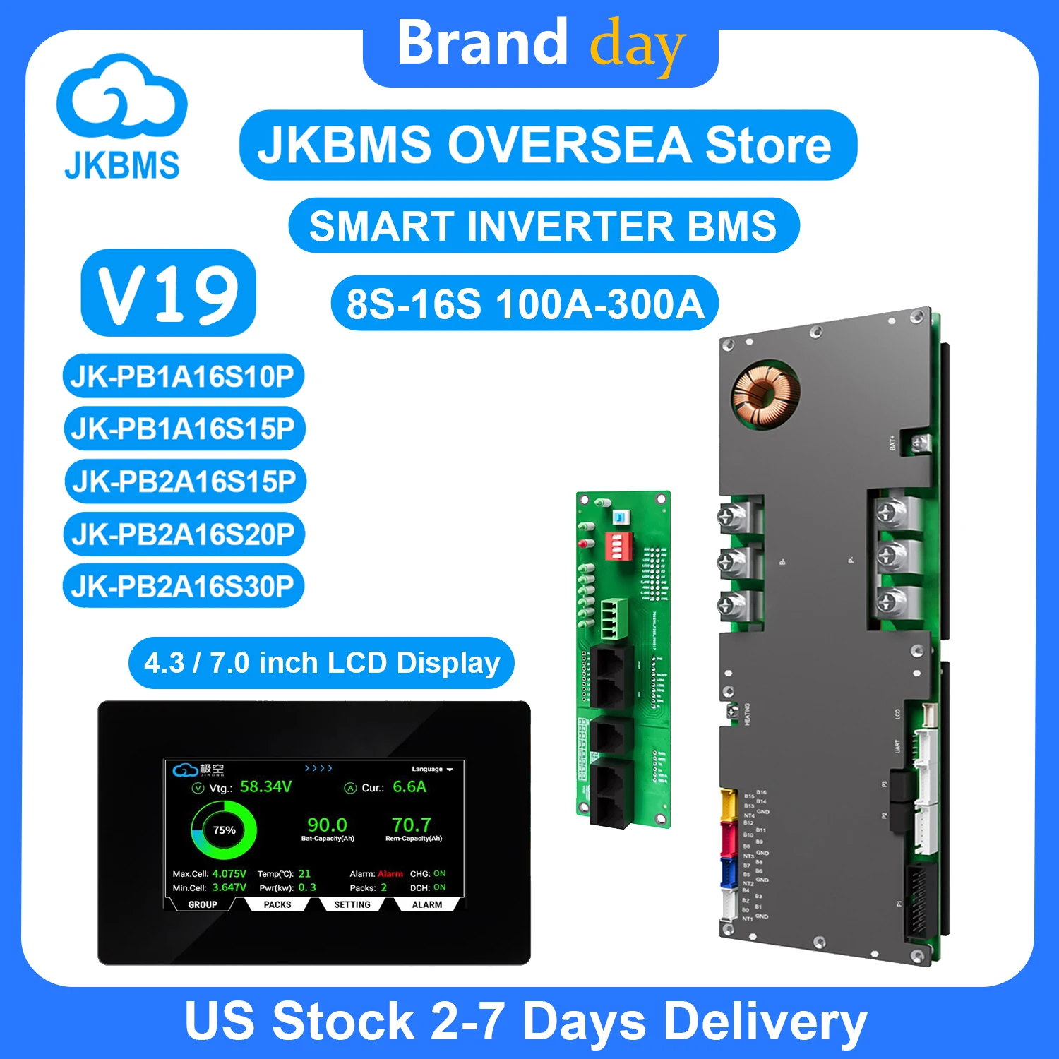 JKBMS V19 نظام إدارة البطارية (BMS) للعاكسات 8S-16S 24V 48V 100A 200A 300A لبطاريات ليثيوم أيون وليثيوم فوسفات الحديد وLTO، نظام إدارة البطارية للطاقة المنزلية مع موازن نشط 1A 2A