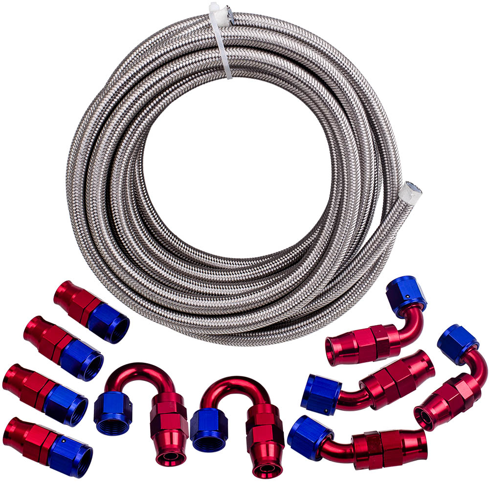 6AN AN6 5M 16FT PTFE الفولاذ المقاوم للصدأ مضفر وقود الغاز خط النفط خرطوم مجموعة تجميع 0 + 45 + 90 + 180 درجة + 10 قطعة نهاية المناسب