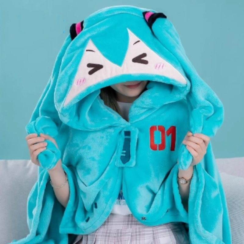 Kawaii Hatsune Itabag متعددة الوظائف مقنعين تكييف الهواء بطانية الفانيلا عباءة لينة ودافئة قيلولة شال ميكو مفاجأة هدية
