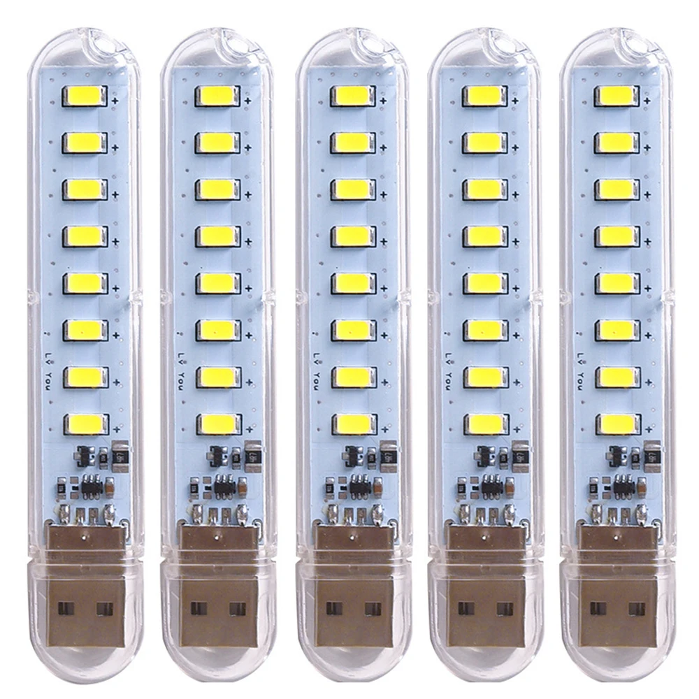5 قطعة شريط إضاءة USB محمول صغير Led أضواء ليلية بيضاء دافئة USB التوصيل كتاب مصباح غرفة الإضاءة في حالات الطوارئ لبنك الطاقة PC
