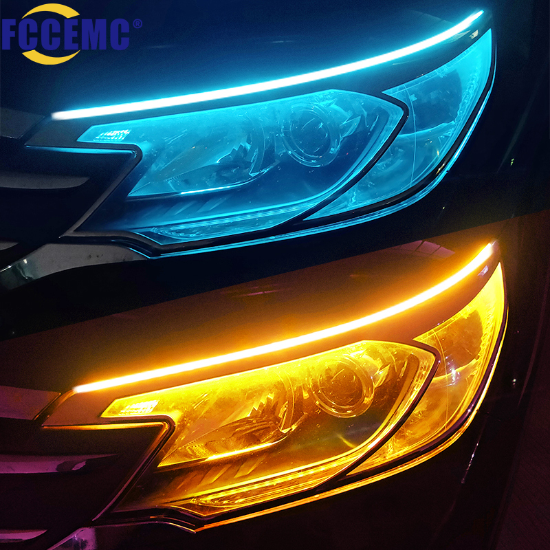 2 قطعة LED DRL سيارة النهار تشغيل ضوء مرنة شريط مقاوم للماء السيارات المصابيح الأمامية الأبيض بدوره إشارة الأصفر أضواء تدفق الفرامل 12 فولت