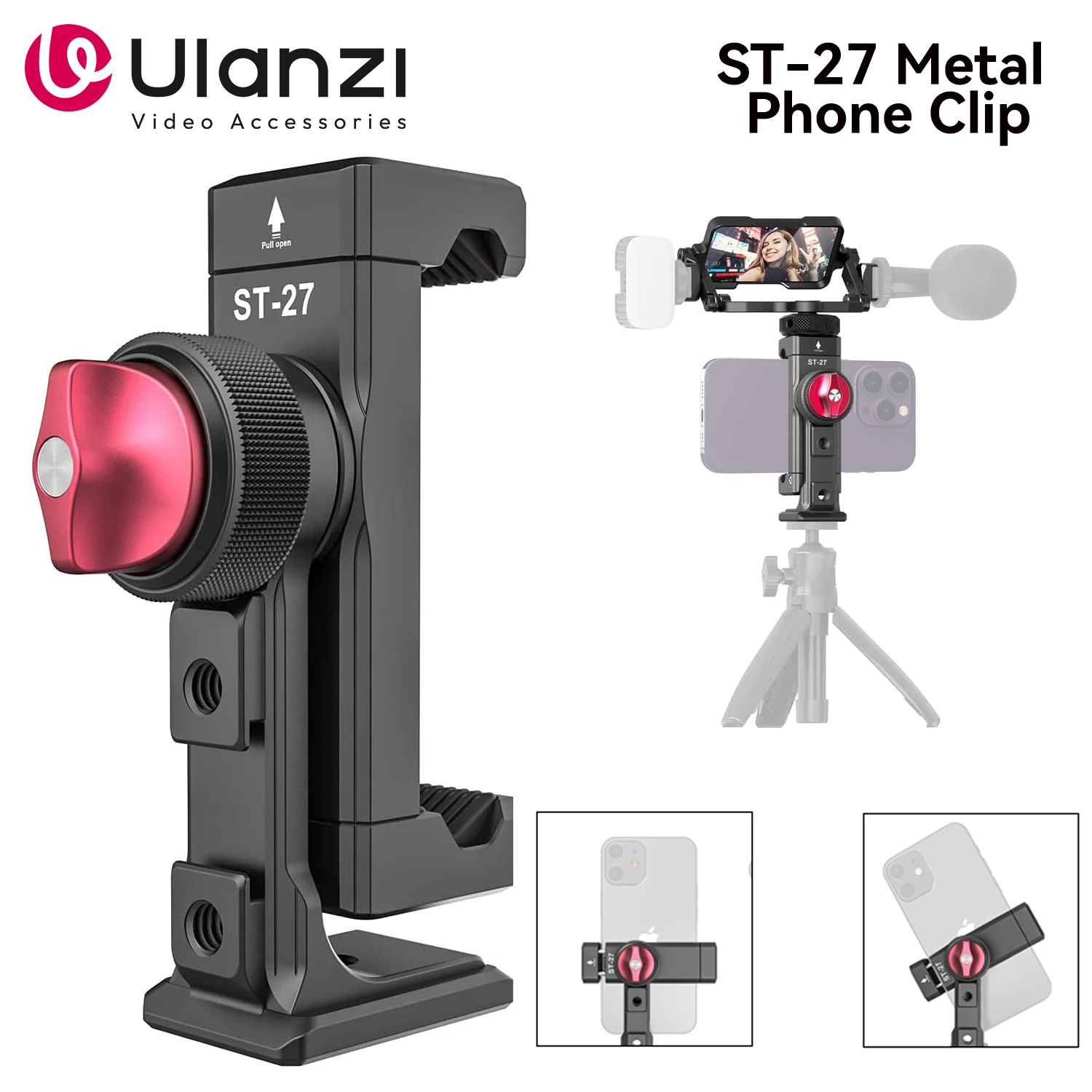 Ulanzi ST-27 العالمي المعادن الهاتف المحمول كليب مع 1/4 المسمار الباردة جبل مرآة الوجه لقوس Selfie حامل ثلاثي القوائم جبل المشبك