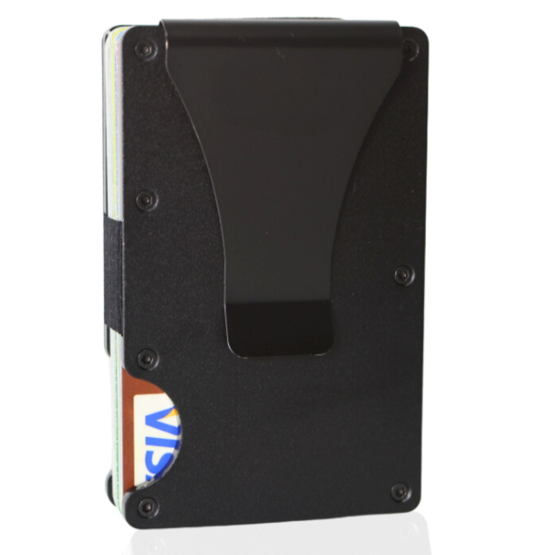 محفظة رفيعة RFID للرجال - خفيفة الوزن ومتينة وصغيرة الحجم - محفظة من الألومنيوم مع مشبك نقود (أسود)