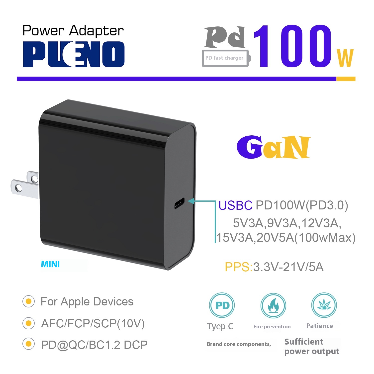 Pd100W W نتريد الغاليوم معيار أوروبي محول منفذ واحد سريع الشحن لأجهزة الكمبيوتر والمعدات الكاميرا