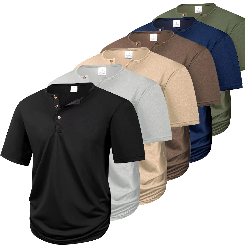 تي شيرت هنري كاجوال للرجال صيفي بأزرار بنية اللون بلون سادة وأكمام قصيرة يسمح بمرور الهواء ومريح رياضي فضفاض