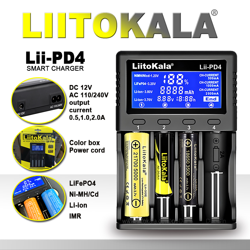 LiitoKala Lii-PD4/PD2 AC PD شاحن LCD شحن سريع 4/2-Bay لـ 21700/18650/AA/AAA متعدد الحماية للكشف التلقائي