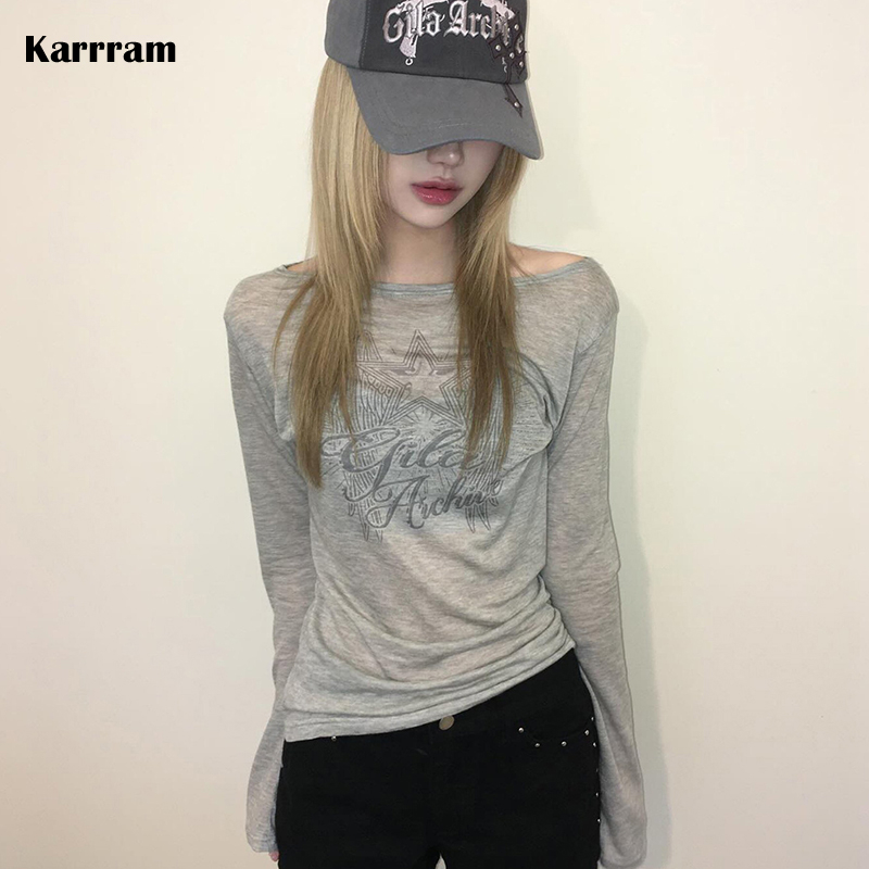 كاررام توب محبوك بطباعة حروف على طراز Y2k الياباني، تي شيرت محبوك بأكمام طويلة على الطراز الكوري من عشرينيات القرن الماضي، ملابس الشارع الهاراجوكو الكلاسيكية الأمريكية