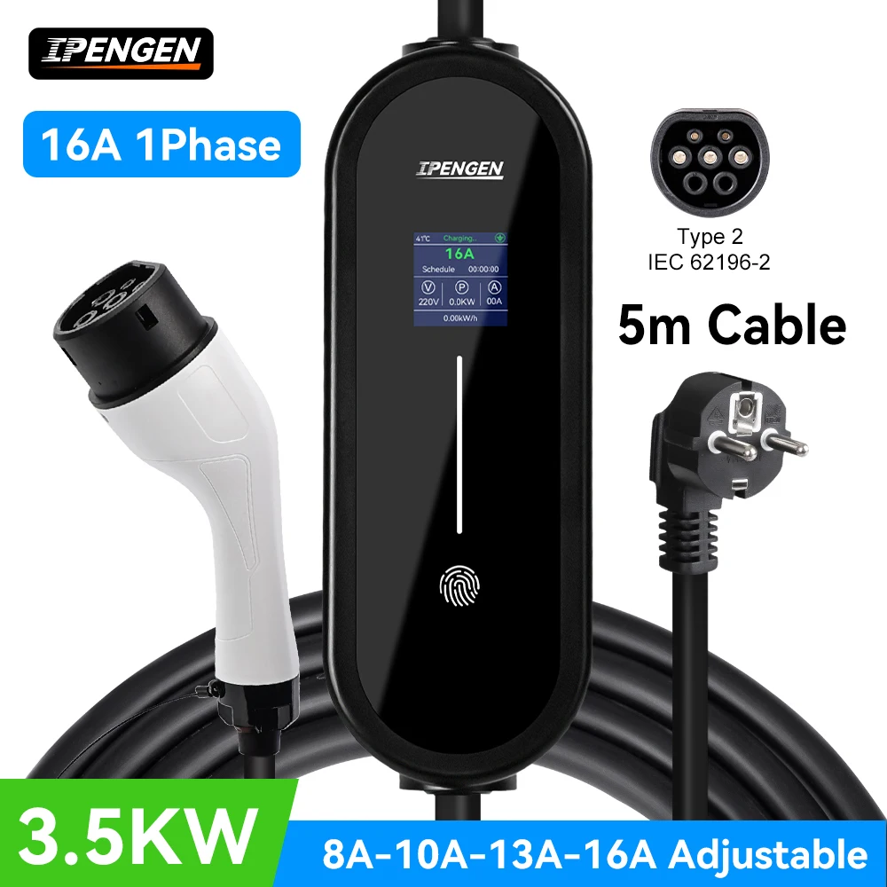 IPENGEN 3.5KW شاحن سيارات كهربائية محمول 5M كابل Type2 IEC62196/ GB/T موصل 16A 1 المرحلة Type1 صندوق الحائط شحن للمركبة الكهربائية